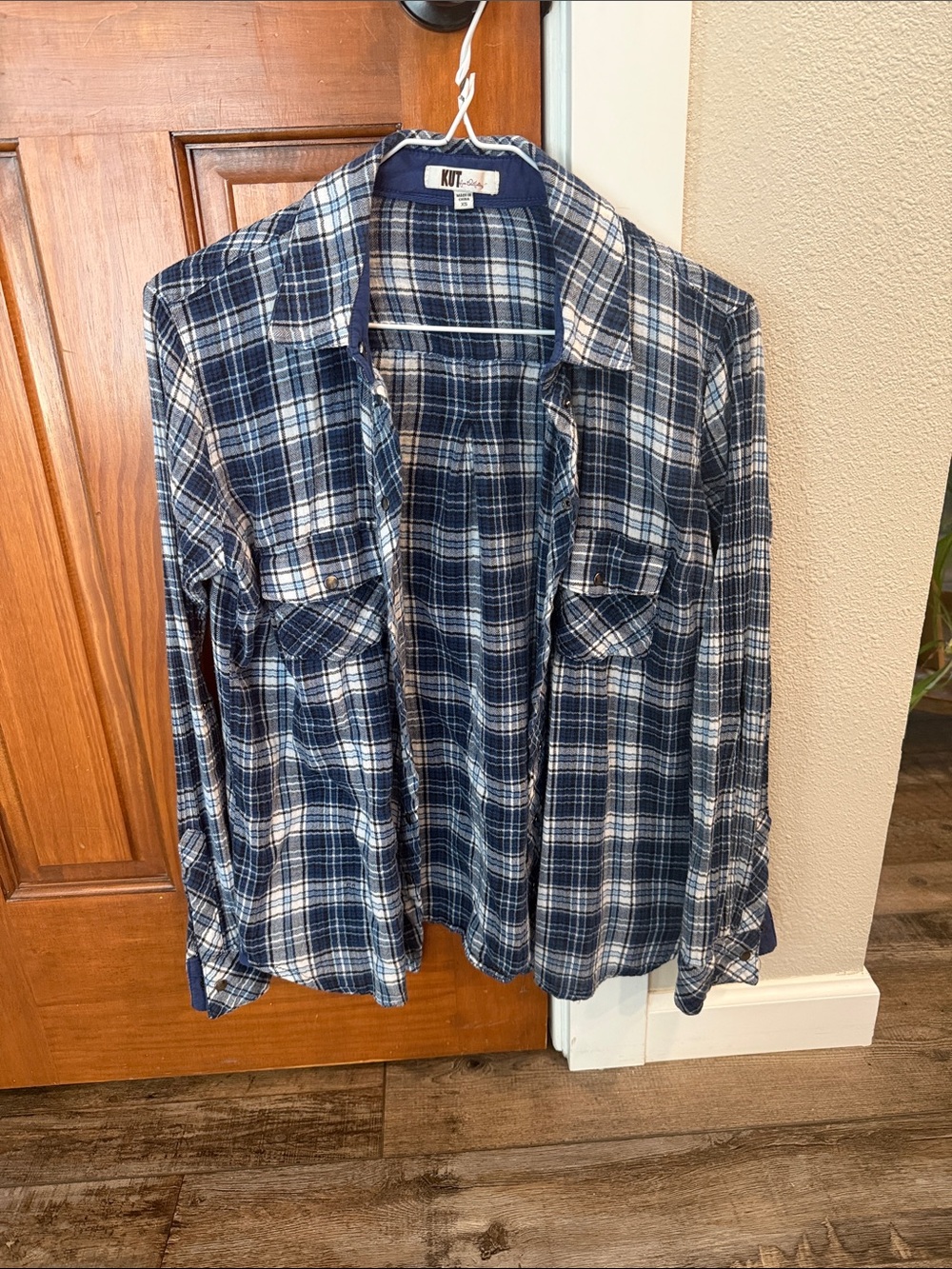 Kut from the Kloth Navy and White Plaid Button-Down Shirt